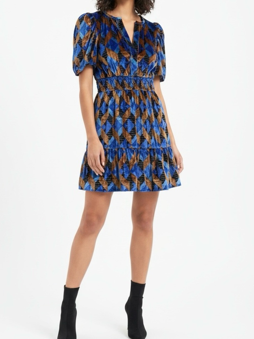 Anthropologie Velvet Mini Dress Blue Gold Bronze XS Petite